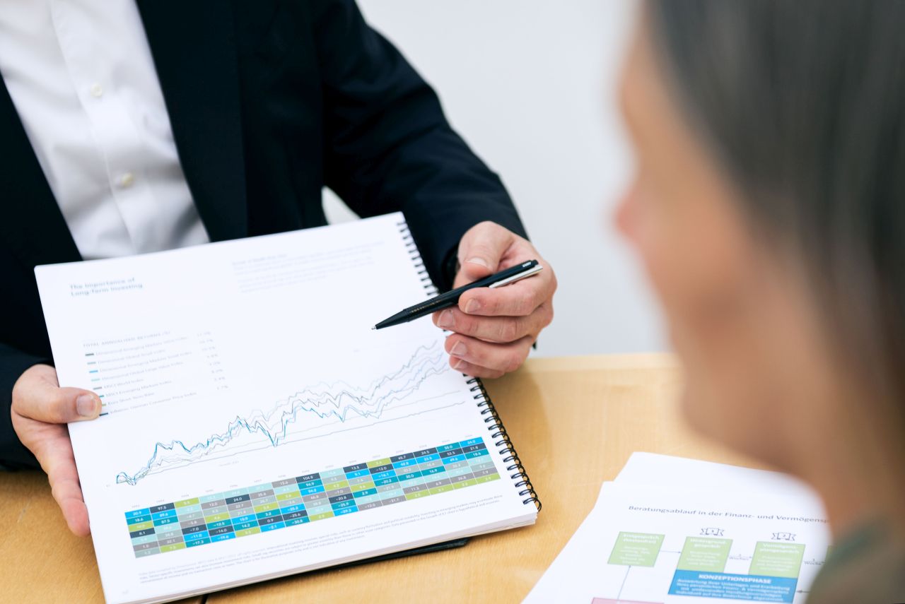 Vermögensberatung Hofmann zeigt seinem Kunden den individuellen Finanzplan - Investieren mit Struktur.